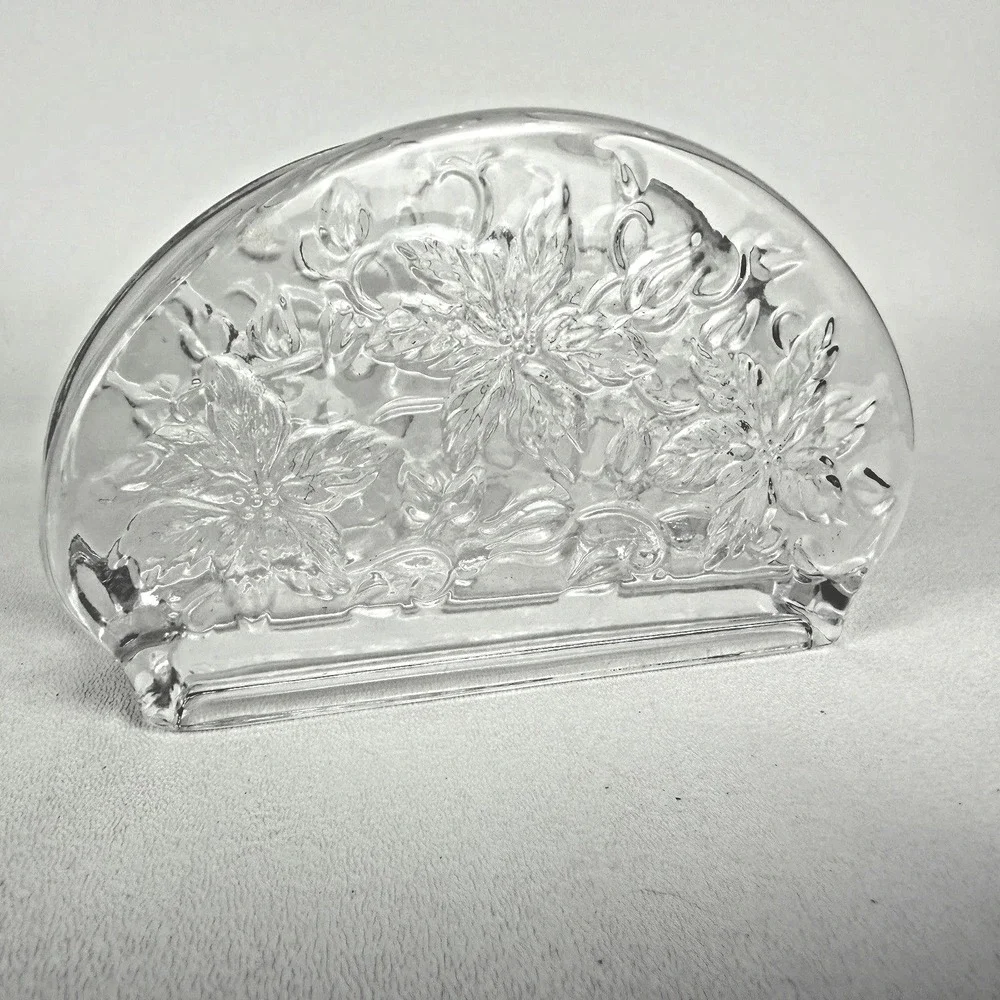 Princess House Fantasia Napkin Holder Clear Crystal Glass Poinsettias Vintage